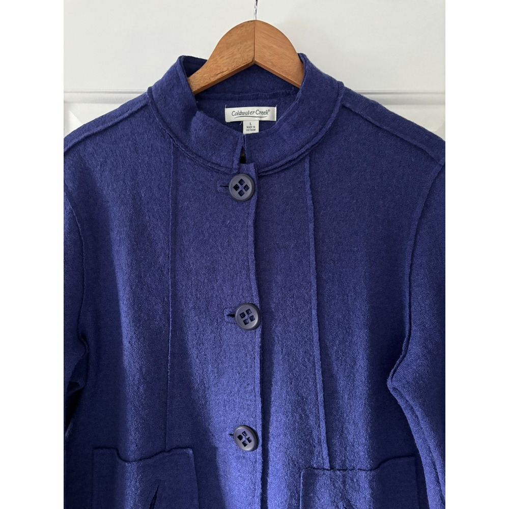 Coldwater Creek Boiled Wool Jacket Women L Blue Mock Neck Button Front Pockets